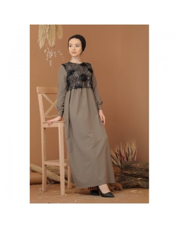 Robe élégante maxi-longue bi-matière pour femme (Grande taille disponible) - Couleur noir / kaki 