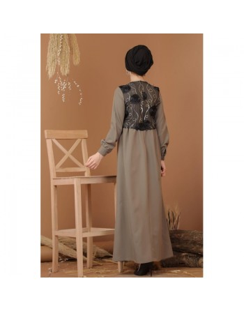 Robe élégante maxi-longue bi-matière pour femme (Grande taille disponible) - Couleur noir / kaki 