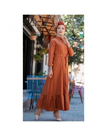 Robe longue de ville boutonnée avec ceinture pour femme - Couleur rouille (Vêtement chic pour l’extérieur) 