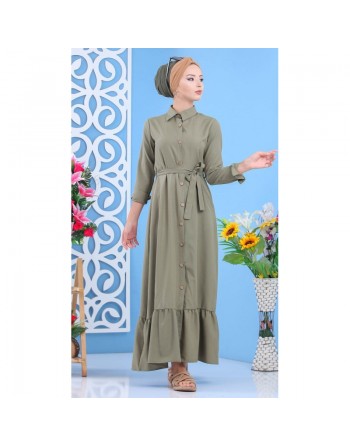 Robe longue de ville boutonnée avec ceinture pour femme - Couleur kaki (Vêtement femme fabriqué en Turquie) 