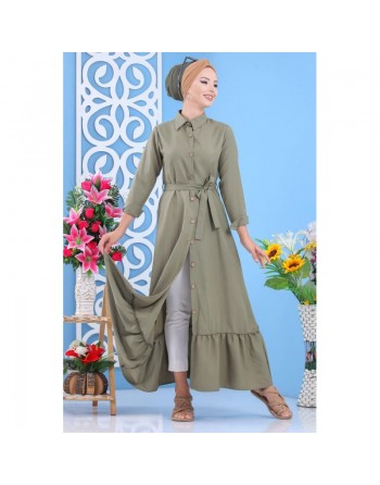 Robe longue de ville boutonnée avec ceinture pour femme - Couleur kaki (Vêtement femme fabriqué en Turquie) 