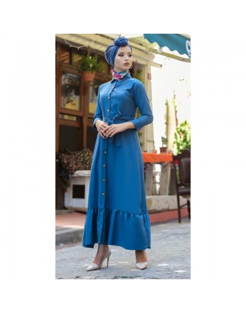 Robe longue de ville boutonnée avec ceinture pour femme - Couleur bleu (Vêtements islamiques modernes) 