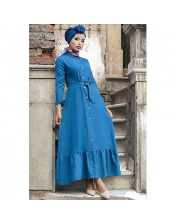 Robe longue de ville boutonnée avec ceinture pour femme - Couleur bleu (Vêtements islamiques modernes) 