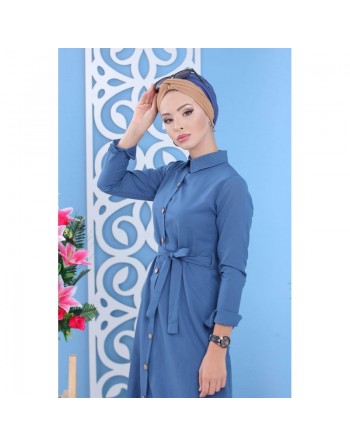 Robe longue de ville boutonnée avec ceinture pour femme - Couleur bleu (Vêtements islamiques modernes) 
