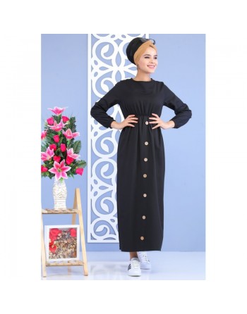 Robe longue cintrée décoration boutons pour femme - Couleur noire 