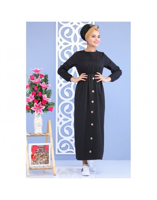 Robe longue cintrée décoration boutons pour femme - Couleur noire Robe longue cintrée décoration boutons pour femme - Couleur noire