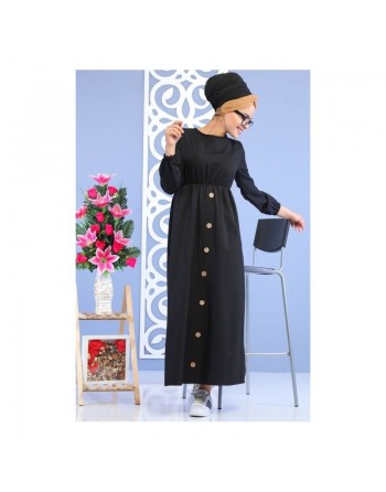 Robe longue cintrée décoration boutons pour femme - Couleur noire 