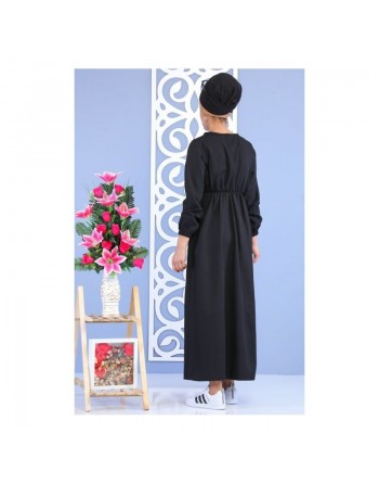 Robe longue cintrée décoration boutons pour femme - Couleur noire 