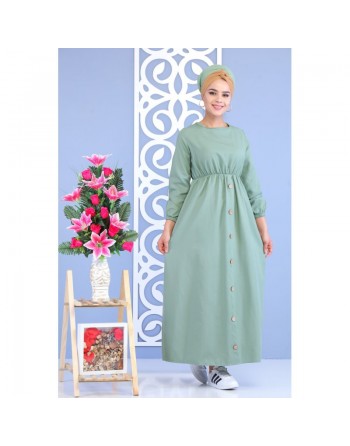 Robe longue cintrée décoration boutons pour femme - Couleur vert amande 