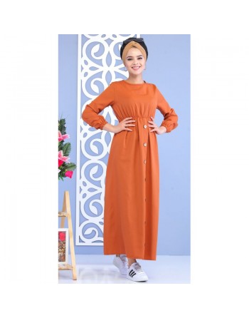 Robe longue cintrée décoration boutons pour femme - Couleur rouille (Vêtement musulman turque) 