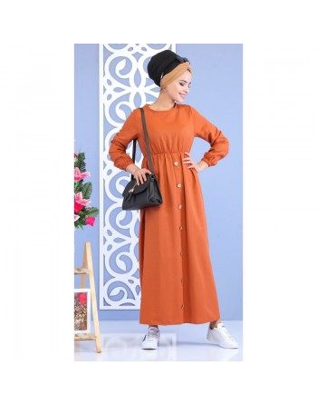 Robe longue cintrée décoration boutons pour femme - Couleur rouille (Vêtement musulman turque) 
