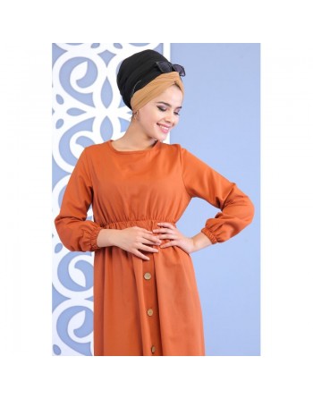 Robe longue cintrée décoration boutons pour femme - Couleur rouille (Vêtement musulman turque) 