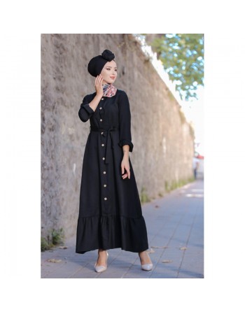 Robe longue de ville avec boutons sur l'avant et ceinture - Couleur noire (Vêtement classe pour femme chic) 