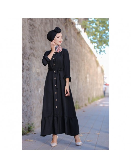 Robe longue de ville avec boutons sur l'avant et ceinture - Couleur noire (Vêtement classe pour femme chic) Robe longue de ville avec boutons sur l'avant et ceinture - Couleur noire (Vêtement classe pour femme chic)