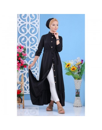 Robe longue de ville avec boutons sur l'avant et ceinture - Couleur noire (Vêtement classe pour femme chic) 