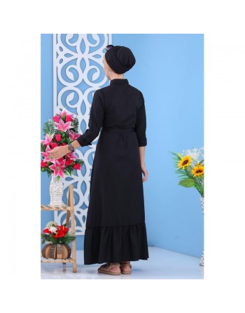 Robe longue de ville avec boutons sur l'avant et ceinture - Couleur noire (Vêtement classe pour femme chic) 