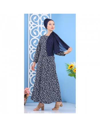 Robe longue à imprimés nénuphar pour femme - Couleur bleu marine 