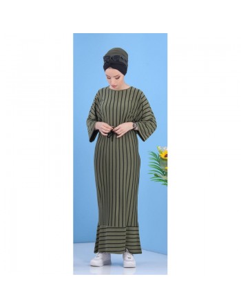 Robe longue à rayures style décontracté pour femme - Couleur kaki 