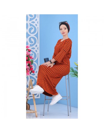 Robe longue à rayures style décontracté pour femme - Couleur marron écureuil 