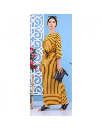 Robe longue à rayures style décontracté pour femme - Couleur jaune moutarde 