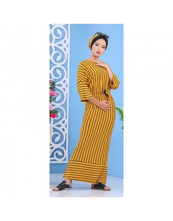 Robe longue à rayures style décontracté pour femme - Couleur jaune moutarde 
