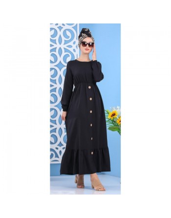 Robe longue bicouleur à boutons pour femme - Couleur noire 