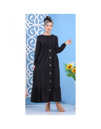 Robe longue bicouleur à boutons pour femme - Couleur noire 