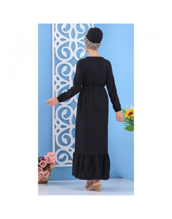 Robe longue bicouleur à boutons pour femme - Couleur noire 