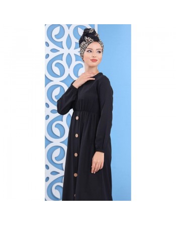 Robe longue bicouleur à boutons pour femme - Couleur noire 