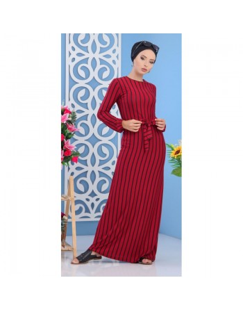 Robe à rayures noires de couleurs rouge framboise (Vêtement turque femme moderne) 