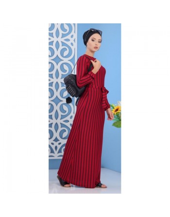 Robe à rayures noires de couleurs rouge framboise (Vêtement turque femme moderne) 