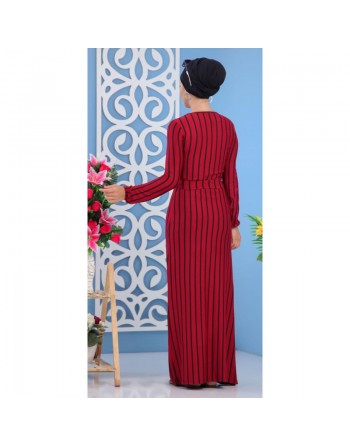 Robe à rayures noires de couleurs rouge framboise (Vêtement turque femme moderne) 