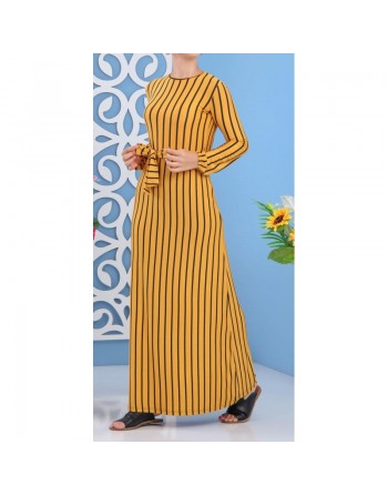 Robe à rayures noires de couleurs jaune moutarde (Vêtement femme moderne - Turquie) 