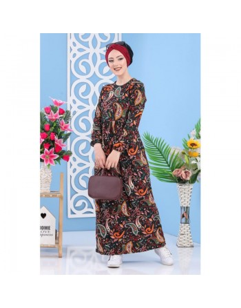 Robe longue noire à fleurs et motifs cachemire pour femme 