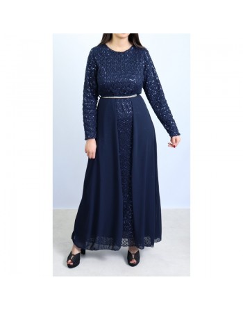 Robe longue évasée pailletée avec doublure et ceinture couleur bleu nuit 