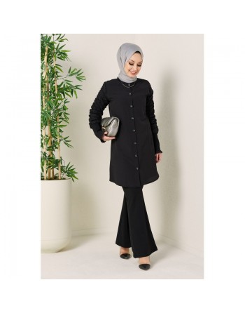 Chemise manches plissées pour femme (Vetement style habillé pour hijab) - Couleur noir 