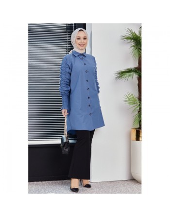 Chemise manches plissées (Vêtement Hijab turque en ligne) - Couleur bleu indigo 