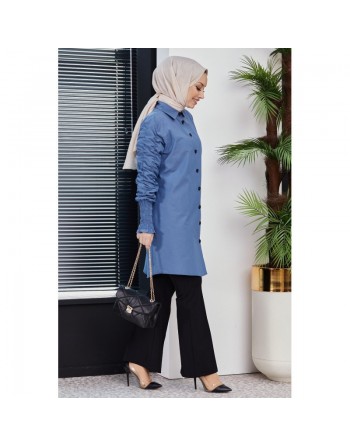 Chemise manches plissées (Vêtement Hijab turque en ligne) - Couleur bleu indigo 