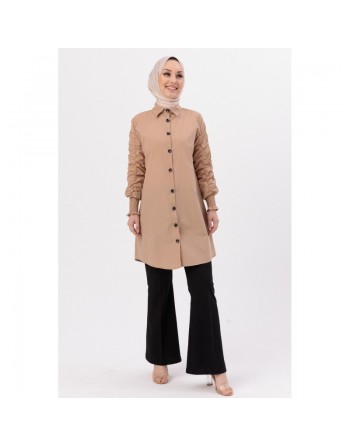 Chemise manches plissées à l'élastique (Vêtement Hijab pour toute l'année) - Couleur beige 