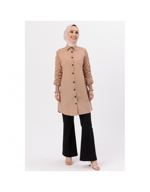 Chemise manches plissées à l'élastique (Vêtement Hijab pour toute l'année) - Couleur beige Chemise manches plissées à l'élastique (Vêtement Hijab pour toute l'année) - Couleur beige