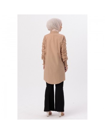 Chemise manches plissées à l'élastique (Vêtement Hijab pour toute l'année) - Couleur beige 