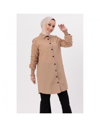 Chemise manches plissées à l'élastique (Vêtement Hijab pour toute l'année) - Couleur beige 