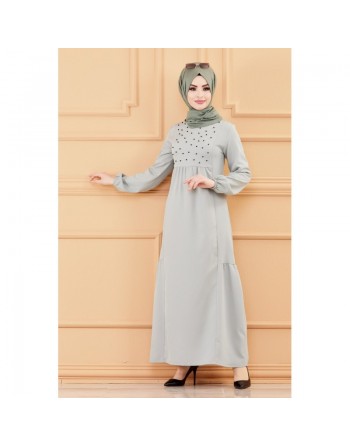 Robe de soirée longue perlée chic et classe (Vêtement hijab habillé pour femme) - Couleur menthe 