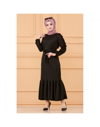 Robe classique évasée à volants pour femme avec ceinture (Robes pour femmes voilées) - Couleur noir 