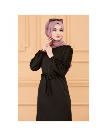 Robe classique évasée à volants pour femme avec ceinture (Robes pour femmes voilées) - Couleur noir 