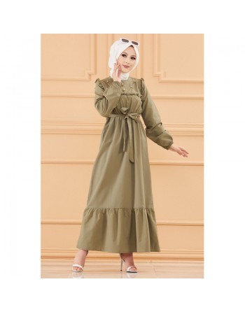 Robe brodée avec ceinture (Vêtement Hijab élégant pour femme voilée) - Couleur kaki 