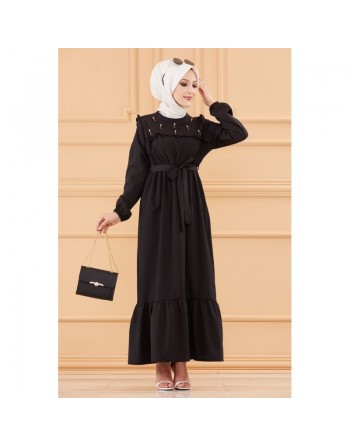 Robe brodée avec motifs fleurs (Vetement classique femme voilée) - Couleur noir 