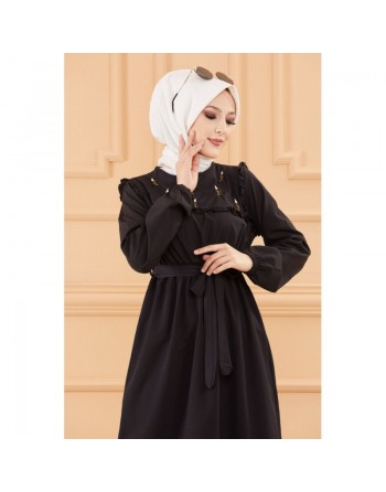 Robe brodée avec motifs fleurs (Vetement classique femme voilée) - Couleur noir 