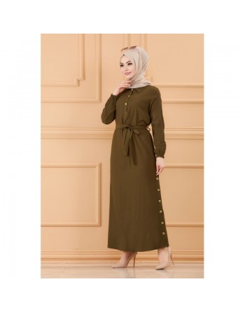 Robe longue boutonnée avec ceinture pour femme (Vêtement style habillé pour hijab) - Couleur kaki 