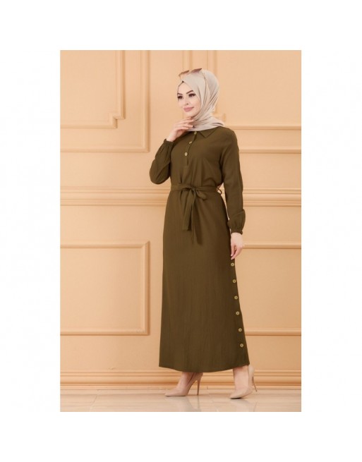 Robe longue boutonnée avec ceinture pour femme (Vêtement style habillé pour hijab) - Couleur kaki Robe longue boutonnée avec ceinture pour femme (Vêtement style habillé pour hijab) - Couleur kaki